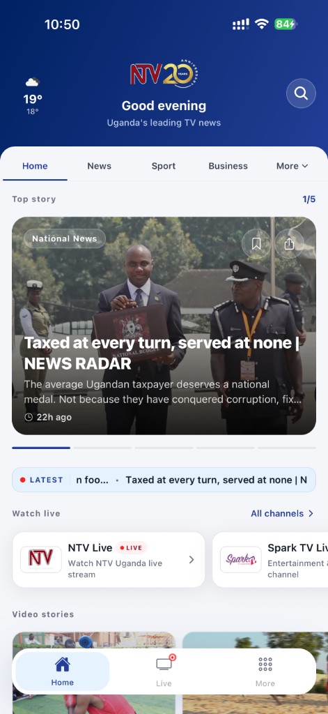 NTV GO home screen with top stories and live channels