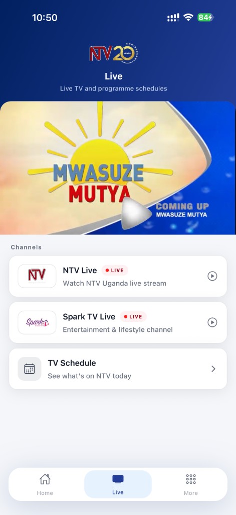 NTV GO live TV screen with NTV and Spark TV streams