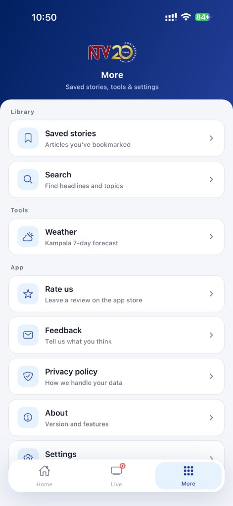 NTV GO More menu with settings and privacy policy
